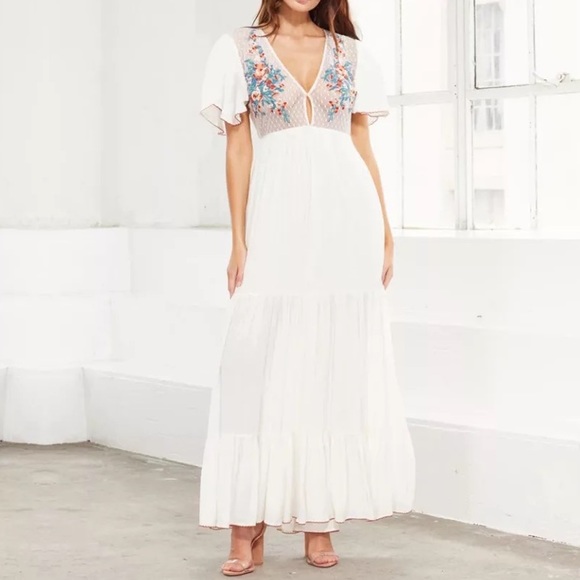 White Cleo Cotton Boho Maxi Dress W/Side Slits Hand Embroidered Stitch Detailing - Picture 15 of 16